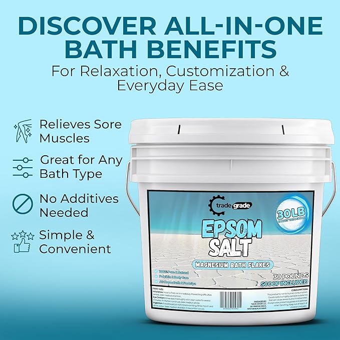 Epsom Salt Bath Soak 30 lb Bucket – Unscented, Pure Epsom Salt Bulk Crystals, Magnesium Sulfate for Full Body or Foot Soaks, Resealable Container with Scoop for Home Bath Use-Ruum Studio Home