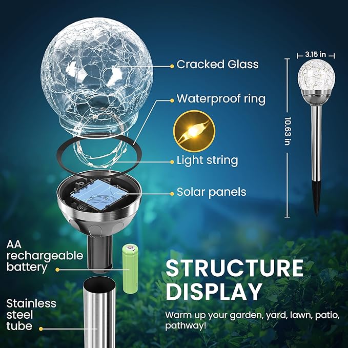 SOLPEX Solar Garden Lights String, 6 Pack Outdoor Christmas Decoration Warm White Solar Powered Cracked Glass Ball Lights, Waterproof for Patio Decoration-Ruum Studio Home