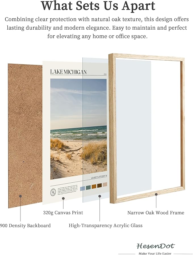 HesenDot Natural OAK Wood Lake Michigan Framed Wall Art,12x16in Natural Scenery Canvas Wall Print,Classic Urban City Landmark Wall Decor for Living Room,Bedroom,Office Gallery Gifts Set of 1-Ruum Studio Home