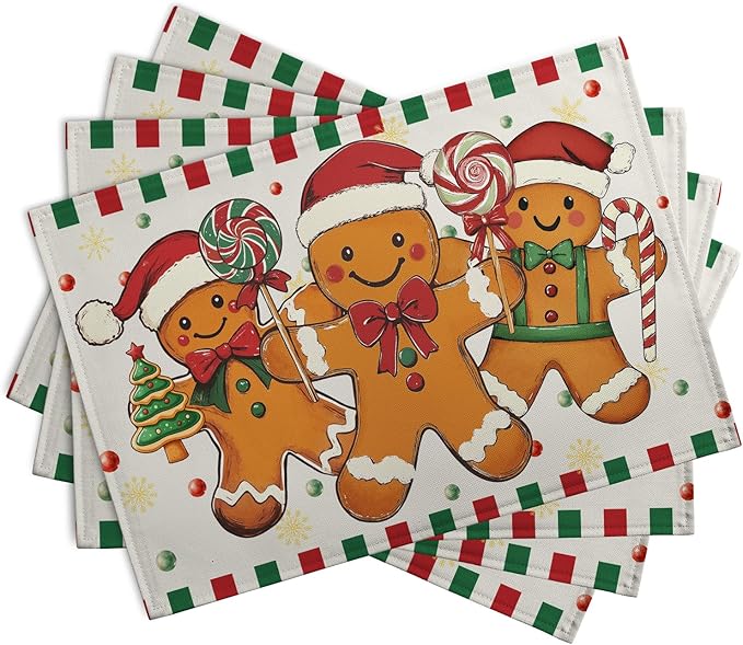 Gingerbread Man Christmas Placemats Set of 4 Candy Cane Xmas Seasonal Holiday Linen Table Mats Red Green Orange Winter Washable Place Mats for Party Kitchen Dining Outdoor Indoor Decor-Ruum Studio Home