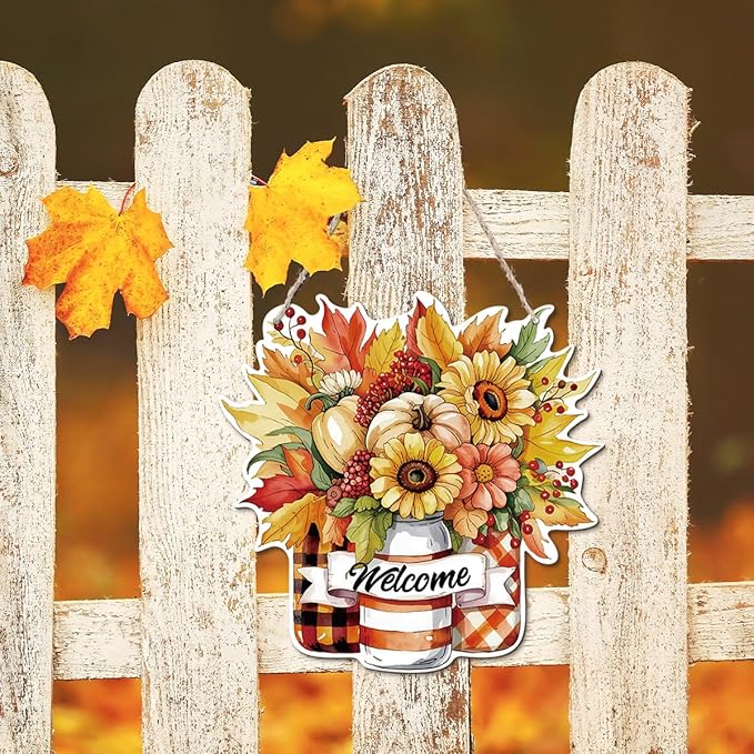 Thanksgiving Welcome Door Sign Pumpkin Hanging Decor Fall Wooden Sign Autumn Decorations, Outdoor Farmhouse Porch, Autumn Harvest Thanksgiving Home Decorations, Housewarming Gift-Ruum Studio Home