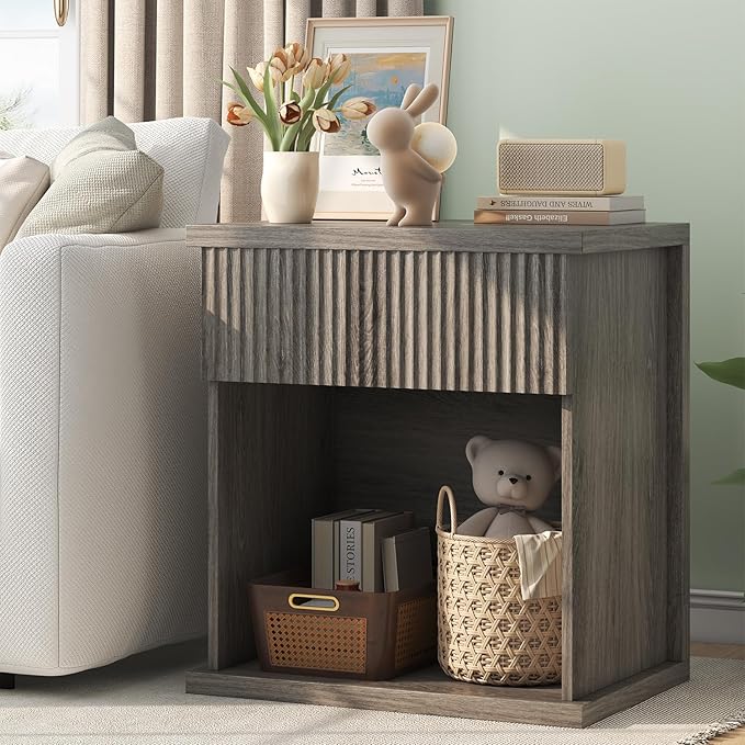 Fluted Nightstand, 22.8" Wide Nightstands with Drawer Storage Large Wood BedsideTable Night Stand for Bedroom, Grey Oak-Ruum Studio Home