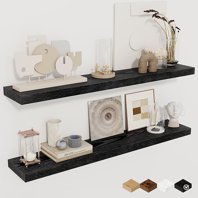 Fun Memories 36Inch Floating Shelves for Wall 2 Pack Wood Shelves for Kitchen, Bathroom, Bedroom Wall Mounted Rustic Wood Floating Shelf with Invisible Brackets for Books, Storage, Decor, Black-Ruum Studio Home