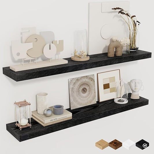 Fun Memories 36Inch Floating Shelves for Wall 2 Pack Wood Shelves for Kitchen, Bathroom, Bedroom Wall Mounted Rustic Wood Floating Shelf with Invisible Brackets for Books, Storage, Decor, Black-Ruum Studio Home