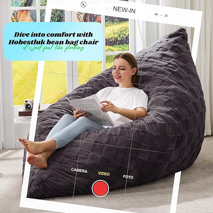 Hobestluk 3 in 1 Bean Bag Chair Giant Bean Bag Chairs for Adults with Plaid Cover Convertible Bean Bag Floor Cushion with Machine Washable Cover for Living Room (Plaid Dark Grey)-Ruum Studio Home