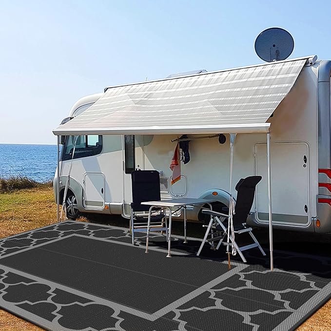 GENIMO 10 ' x 14 ' Outdoor Rug Waterproof for Patio Decor, Foldable Reversible Plastic Straw Area Rugs Mat for Camper, Outside Carpet for Rv, Deck, Porch, Picnic, Beach, Balcony, Black & Grey-Ruum Studio Home