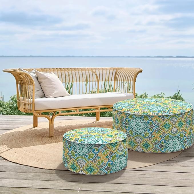 Inflatable Ottoman Stool D31 xH14 for Outdoor/Indoor Use, Water Repellent Patio Foot Rest Stool with Portable Handle,Round Pouf Ottoman Suitable for Garden,Deck and Camping - Damask Green-Ruum Studio Home