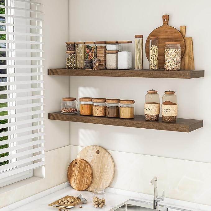 RICHFOCUS 48Inch Floating Shelves for Wall 1 Pack Shelves for Bedroom|Kitchen|Bathroom Wall Mounted Rustic Wood Floating Shelf with Invisible Brackets for Books|Storage|Decor, Walnut-Ruum Studio Home