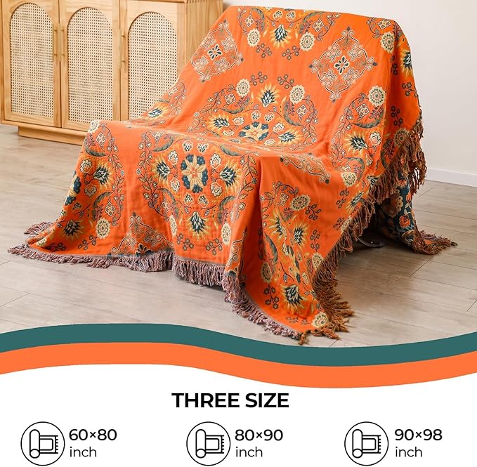 Fall Throw Blanket for Couch Bed Chair,100% Cotton Soft Lightweight Blanket Rustic Quilt -Orange Floral Printed Farmhouse Decor Bed All Season Blankets,60"×80"-Ruum Studio Home