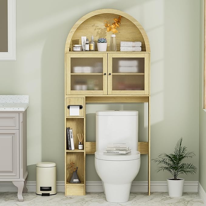 Over The Toilet Storage Cabinet, 31''W Arched Space-Saving Bathroom Organizer with Adjustable Shelf and Acrylic Doors, Freestanding Over Toilet Cabinet for Bathroom, Laundry, Restroom (Oak Wood)-Ruum Studio Home