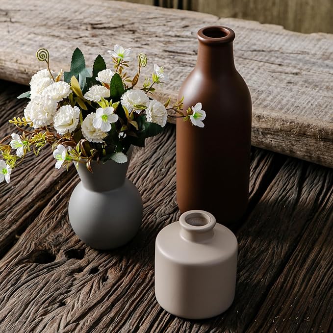 Fake Flowers in Vase for Centerpieces, Faux Flowers in Modern Ceramic Vase Set of 3 with 8 Artificial Autumn Chrysanthemums Home Decor-Ruum Studio Home