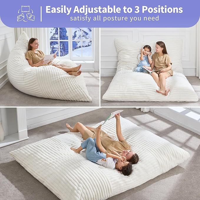 Hobestluk 3 in 1 Bean Bag Chair Giant Bean Bag Chairs Convertible Bean Bag Floor Cushion with Machine Washable Cover, Beanbag Chairs for Adult (White)-Ruum Studio Home