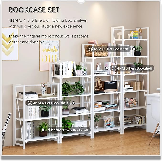 4NM No Assembly Foldable Bookshelf, 6-Shelf Collapsible Bookcase Storage for Small Spaces, 74" H, All White-Ruum Studio Home