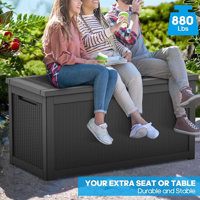 320 Gallon Resin Deck Box, Waterproof Outdoor Storage Bin for Patio Furniture, Pool Accessories, and Garden Tools, Lockable & UV-Resistant, Black-Ruum Studio Home