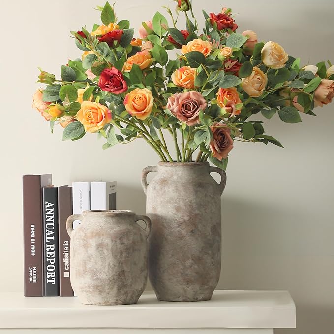 Ceramic Flower Vase Home Decor - 7.6 Inch Farmhouse Rustic Table Vases with Handle Living Room Decoration Decorative Vintage Pottery for Kitchen Shelf Coffee Dining Bookshelf Fireplace Centerpiece-Ruum Studio Home