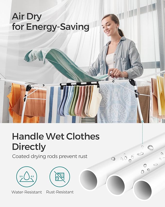 SONGMICS Clothes Drying Rack Foldable, Gullwing Laundry Drying Rack, Space-Saving, 22.2 x 68.1 x 38 Inches, Sock Clips, Metal Structure, for Clothes, Towels, Linens, Indoor, Outdoor White ULLR518W01-Ruum Studio Home