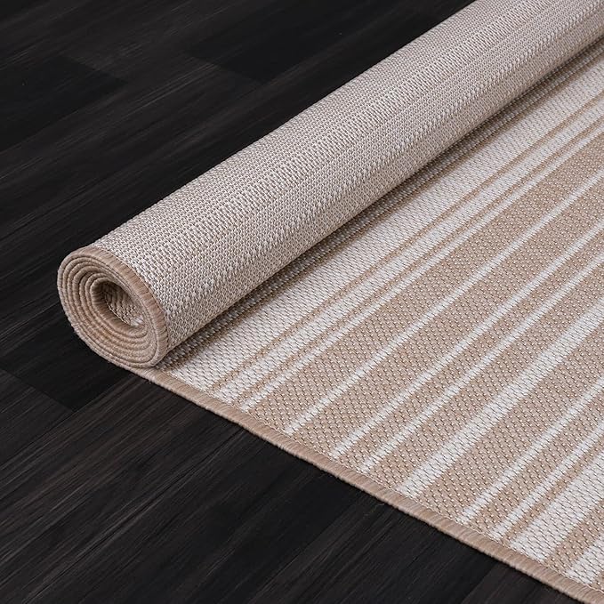 Stripe Outdoor Rug 9x12 Washable Outside Carpet for Indoor Patio Porch Waterproof Easy Cleaning Non Shedding Area Rugs Beige 9 x 12-Ruum Studio Home