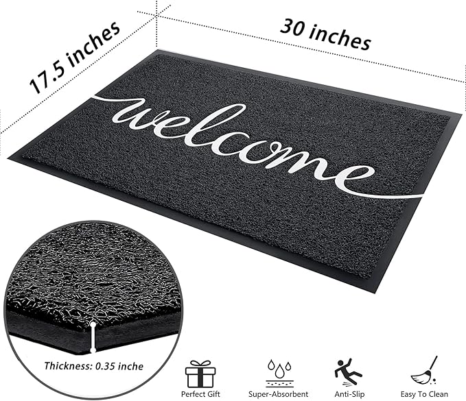 Door mat, Outdoor Indoor Welcome mat, Durable Non-Slip Easy to Clean Front Doormat, Entrance Rectangular Doormat, for high Traffic Areas (30" x 17.5", Black)-Ruum Studio Home
