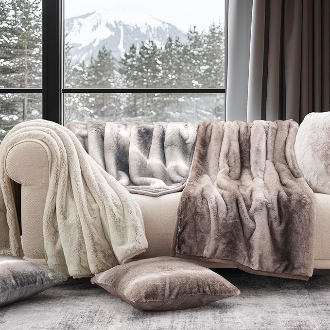 Ultra Soft Luxury Fluffy Mink Faux Fur Throw Blanket, Thick Warm Fall Winter Blankets for Bed, Couch, Cozy Plush Reversible Blanket for Chair, Sofa (Ombré Silver Onyx, 60"x80")-Ruum Studio Home