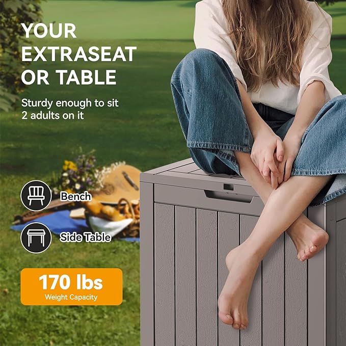 KAMABOKO Deck Box, 32 Gallon Resin Indoor and Outdoor Storage Boxes Waterproof for Garden Tools, Pool Accessories Storage Bench, Patio Furniture and Cushions with Lockable Lid, Grey-Ruum Studio Home