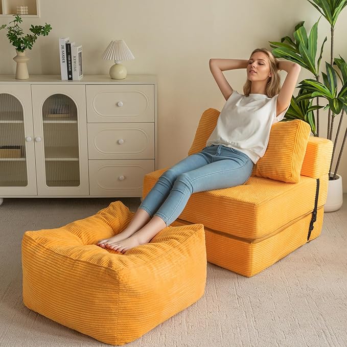 HIGOGOGO Square Stuffed Pouf Ottoman, Corduroy Poufs with Foam Chunk Filling, Furry and Fluffy Pouf Foot Stool Storage Ottoman, 25.6 X 25.6 Floor Poufs Foot Rest for Living Room, Orange-Ruum Studio Home