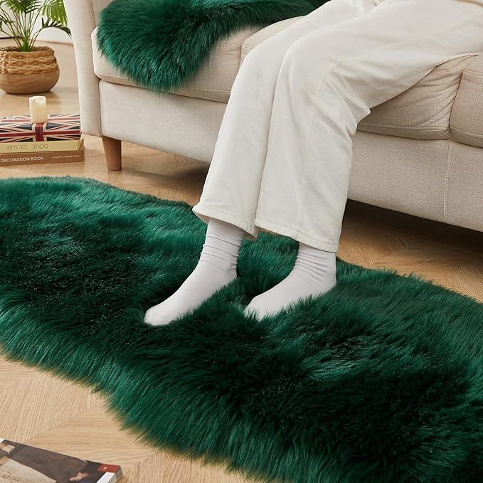 AMTOVO Faux Sheepskin Rug, Dark Green Ultra Soft Fluffy Shag Area Rug, 2 x 6 ft Faux Fur Rug for Bedroom Sofa Throw Cushion Room Decor, Sheepskin-Ruum Studio Home