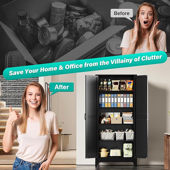 75" Tall Pantry Cabinet,Farmhouse Kitchen Pantry Storage Cabinets with 2 Doors and 5 Shelves,Black Metal Storage Cabinet,Large Cupboard for Home,Kitchen,Dining/Living Room-Ruum Studio Home