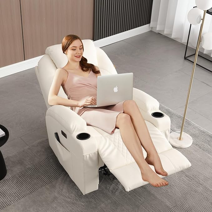Power Recliner Chair with Heat and Massage, PU Leather Home Theater Seating with LED Lights/Cup Holders/Side Pocket/USB Port, Reclining Sofa Chair for Living Room (1, Beige)-Ruum Studio Home