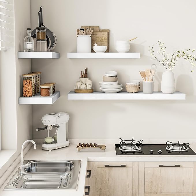 White Floating Shelves for Wall, 48 Inch X 12 Deep Shelves for Room Wall Mounted，2" Thick Heavy Duty Holds 75lbs Floating Shelf for Bedroom Bathroom Kitchen Laundry Room, Set of 2-Ruum Studio Home