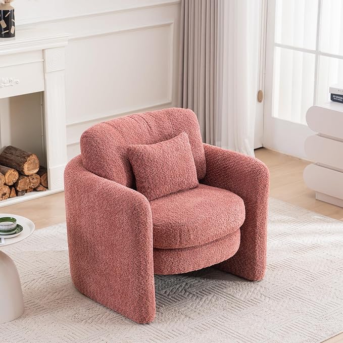 Chenille Accent Armchair Oversize Upholstered Barrel Comfy Modern Round Lounge Sofa Chair with Pillow Cozy Reading Chairs for Apartment,Office,Living Room,Dining,Makeup,Club,Pink-Ruum Studio Home