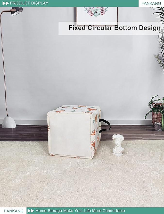 FANKANG Square Nursery Hamper Storage Bins Canvas Laundry Basket Foldable with Waterproof PE Coating Storage Baskets Gift Baskets for Children, Office, Bedroom, Clothes（Square-Fox）-Ruum Studio Home