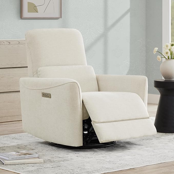 CHITA Power Recliner Chair Swivel Glider, FSC Certified Upholstered Living Room Nursery Reclining Sofa Chair with Lumbar Support, Linen-Ruum Studio Home
