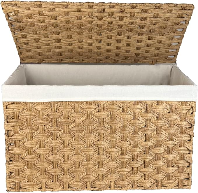 Wicker Storage Basket with Lid, 42.3 Gallon (160L) Large Blanket Basket with Lid, Woven Storage Bin with Handles, Removable Liner, Metal Frame, Foldable, for Bedroom, Laundry Room, Natural-Ruum Studio Home