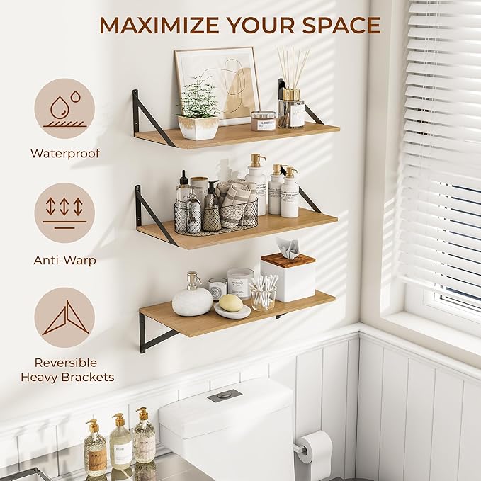 Heimlove 24" W x 12" D Wall Shelves for Books, 12 Inch Deep Floating Shelves Set of 3, Wide Floating Bookshelf with Metal Bracket for Living Room, Kitchen, Office, Bedroom and Decor Storage - Oak-Ruum Studio Home