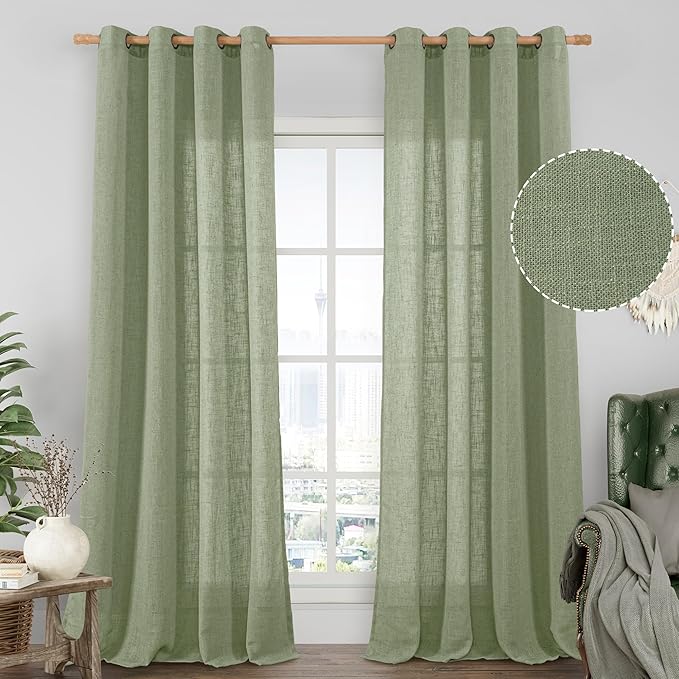 LAMIT Living Room Linen Curtains 95 Inch for Bedroom, Bronze Grommet Linen Textured Sheer Curtains Light Filtering Burlap Drapes for Farmhouse, 2 Panels, 52 x 95 Inch, Sage Green-Ruum Studio Home
