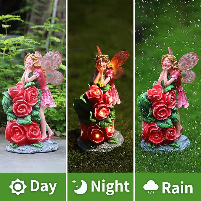 Solar Garden Outdoor Statues Cute Flower Fairy with 7 LED Solar Figurine for Lawn,Patio, Balcony, Yard Unique Housewarming Gift, for Woman, Mom, Grandma-Ruum Studio Home