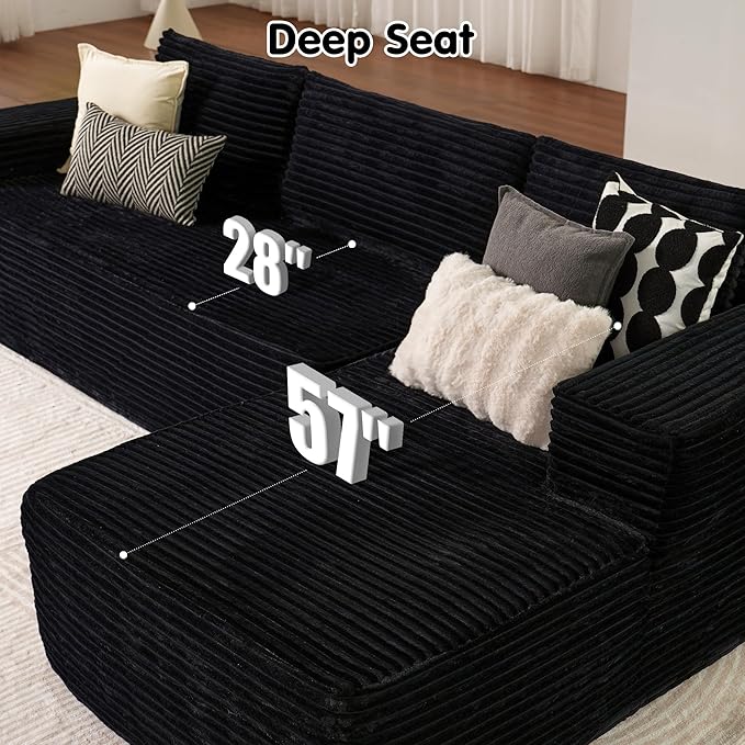ovios 104" Cloud Sectional Couch with L-Shape Chaise,Modern Modular Sofa with Deep Seat, Upholstered Couches for Living Room Bedroom,No Assembly Required, Black (Plush Corduroy Fabric)-Ruum Studio Home