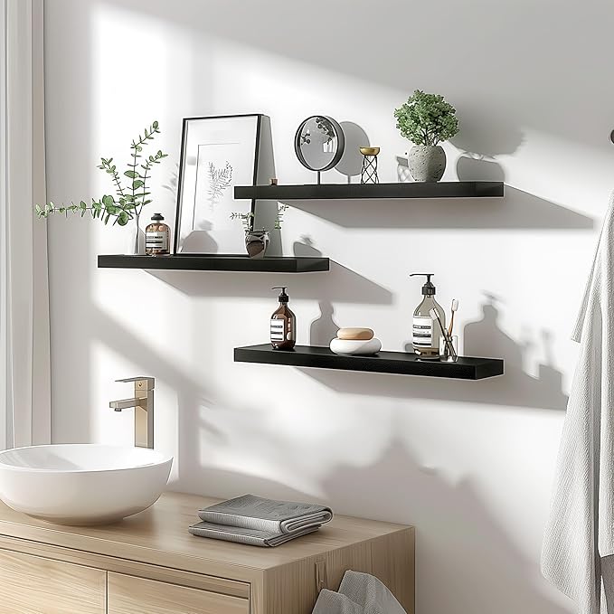 Wood Floating Shelves for Wall Decor, Rustic Wall Shelves for Bedroom Bathroom Kitchen Living Room, Set of 4 Black 24 Inch-Ruum Studio Home