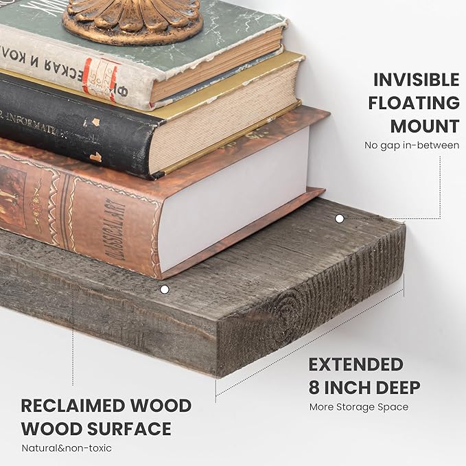 Floating Shelves, 8 Inch Deep Rustic Solid Reclaimed Wood Wall Shelves for Storage, Wall Mounted Display Shelving with Invisible Heavy-Duty Metal Bracket, 30 Inch Width Set of 2, Grey-Ruum Studio Home