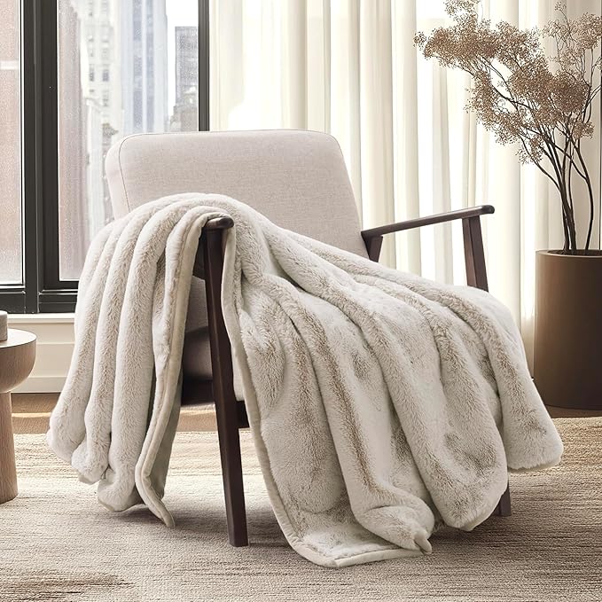 Ultra Soft Luxury Fluffy Mink Faux Fur Throw Blanket, Thick Warm Fall Winter Blankets for Bed, Couch, Cozy Plush Reversible Blanket for Chair, Sofa (Tipped Champagne Ivory, 60"x80")-Ruum Studio Home