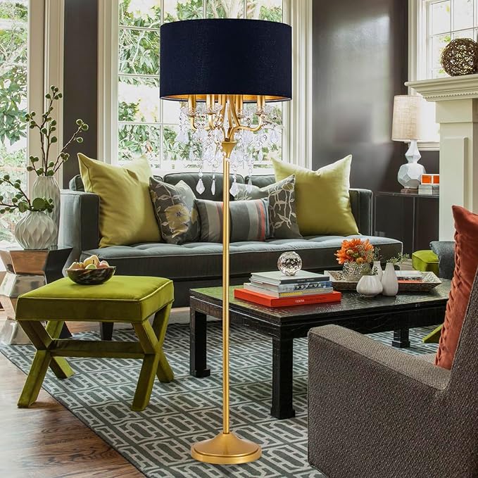 Wellmet Gold Crystal Drum Shade Floor Lamp, 6 Light Black Gold Shade, Candle Base for Living Room, Bedroom, Reading Room, Hallway, Corridor-Ruum Studio Home