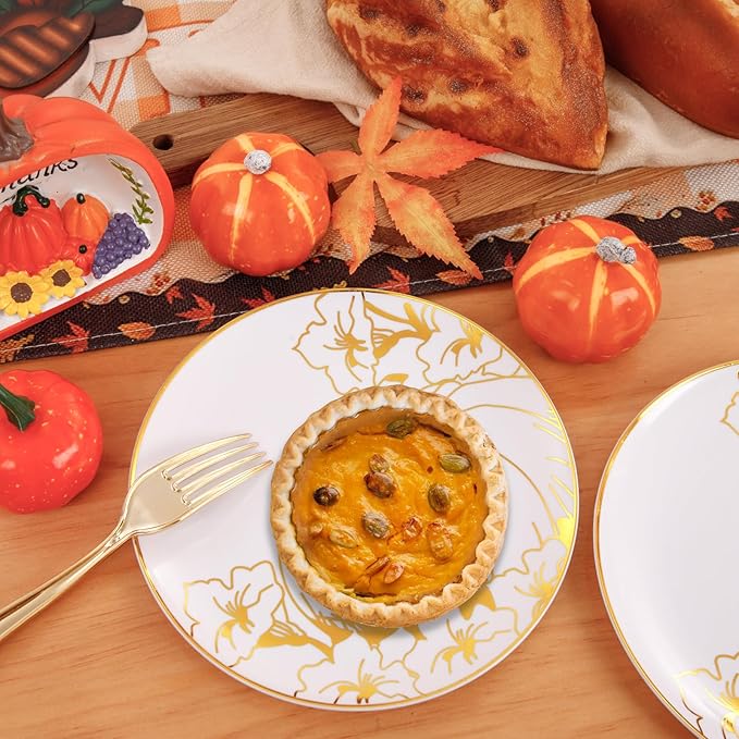 FLOWERCAT 60PCS Thanksgiving Plates & Gold Pumpkin Plates - Including 30PCS 10.25inch Thanksgiving Dinner Plates and 30PCS 7.5inch Thanksgiving Dessert Plates for Giving Thanks Theme Party-Ruum Studio Home