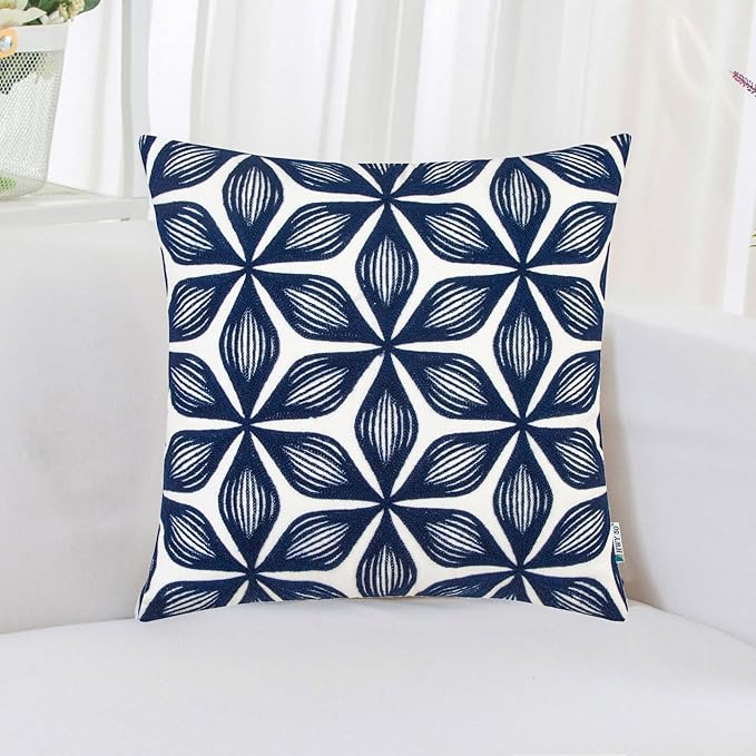 HWY 50 Navy Blue Decorative Throw Pillow Covers 18x18 Inch (1 Piece), Embroidered Cotton Farmhouse Cushion Cover Pillow Case for Sofa Couch Living Room Bed, Fashion Geometric-Ruum Studio Home