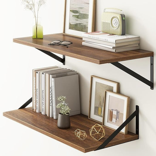 Fun Memories 27.5" W x12 D Floating Shelves, Large Wall Shelves 27.5 Inch Long, Set of 2, Farmhouse Wood Floating Shelf Wall Mounted, Deep Shelves for Bathroom, Living Room, Kitchen, Walnut Color-Ruum Studio Home