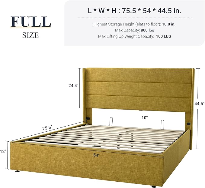 Allewie Full Size Lift Up Storage Bed, Modern Wingback Headboard, Hydraulic Support, No Box Spring Needed, Olive Yellow-Ruum Studio Home