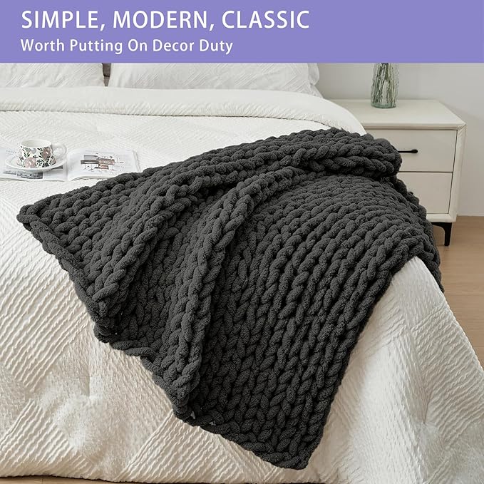 Bigacogo Chunky Knit Throw Blanket for Couch, 40x40 inches, 100% Hand Knitted with Thick Jumbo Chenille Yarn, Cozy Soft Large Rope Knot Cable Crochet Blankets for Sofa Bed Living Room, Dark Grey-Ruum Studio Home