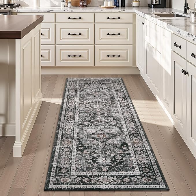 AMOAMI-2X6 Runner Rug-Washable Runners for Hallways-Soft Non Slip Bedside Rugs for Bedroom-Vintage Long Rug for Hallways Entryway Laundry Room Stair Kitchen Bathroom Dark Grey & Black-Ruum Studio Home