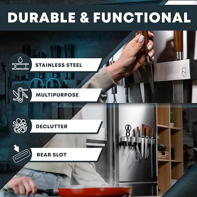 24" Magnetic Knife Holder for Wall with 2x Storage - Safe, Patented Storage Design - Stainless Steel Knife Magnetic Strip, Under Cabinet Knives Storage - Magnet Strip Rack Kitchen Utensil Organizer-Ruum Studio Home