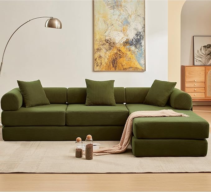 107" Oversized Convertible Sleeper Sofa Bed, Corduroy L Shape Sectional Couch, Folding Sofa Bed with Side Pocket, Modern Cloud Floor Mattress Couch, Modular Sofa for Living Room, Green-Ruum Studio Home