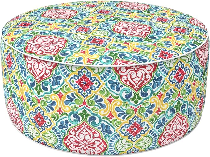 LVTXIII Indoor/Outdoor Inflatable Ottoman, D31 x H14 Inch Large Round Ottoman, All Weather Foot Rest Stool, Portable Footrest for Patio, Garden, Camping and Home - Damask Red-Ruum Studio Home